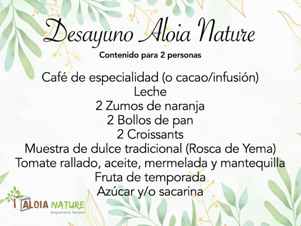 Menú del Desayuno Aloia Nature para 2 personas que incluye café de especialidad, zumos, bollería artesana, fruta de temporada y rosca de yema tradicional.